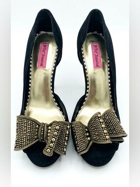 Betsey Johnson Black Suede Peep-Toe Heels with Studded Gold Bow